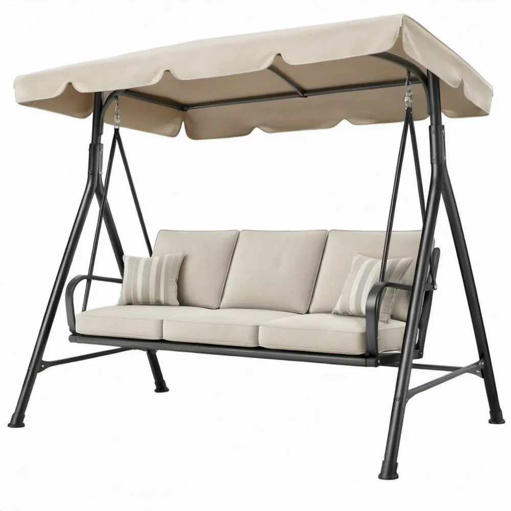 Beige en zwarte 3-zits tuinschommel met zonnescherm, 200 x 120 x 170 cm