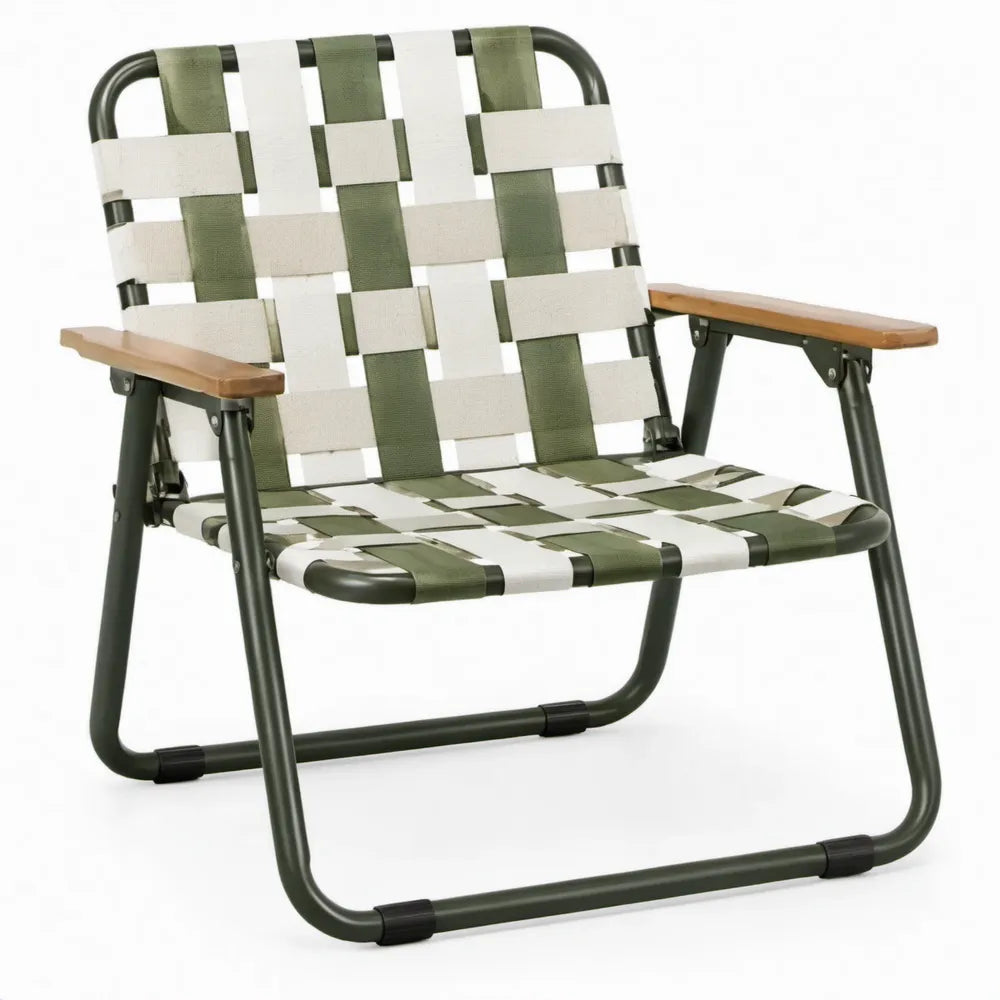 Opvouwbare campingstoel met houten armleuningen, 58 x 62 x 78 cm, donkergroen/wit/lichtgrijs/naturel