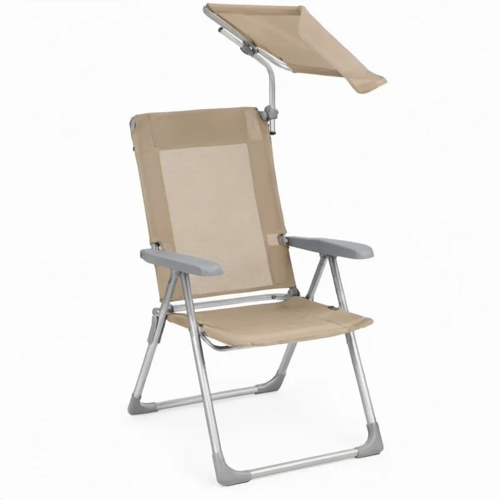 Opvouwbare campingstoel met verstelbaar zonnescherm, 58 x 75 x 110 cm, beige/grijs
