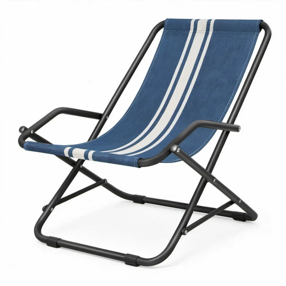 Opvouwbare campingstoel 95 x 60 x 75 cm blauw-wit gestreept met zwart stalen frame