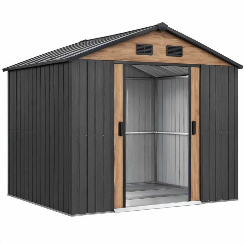 Metalen tuinschuur met dubbele schuifdeur, 213 x 191 x 195 cm, antracietgrijs met naturel houtlook