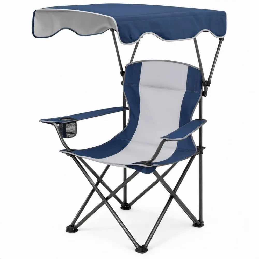 Opvouwbare campingstoel met zonnescherm, bekerhouder en armleuningen, 85 x 55 x 135 cm, donkerblauw/grijs/zwart