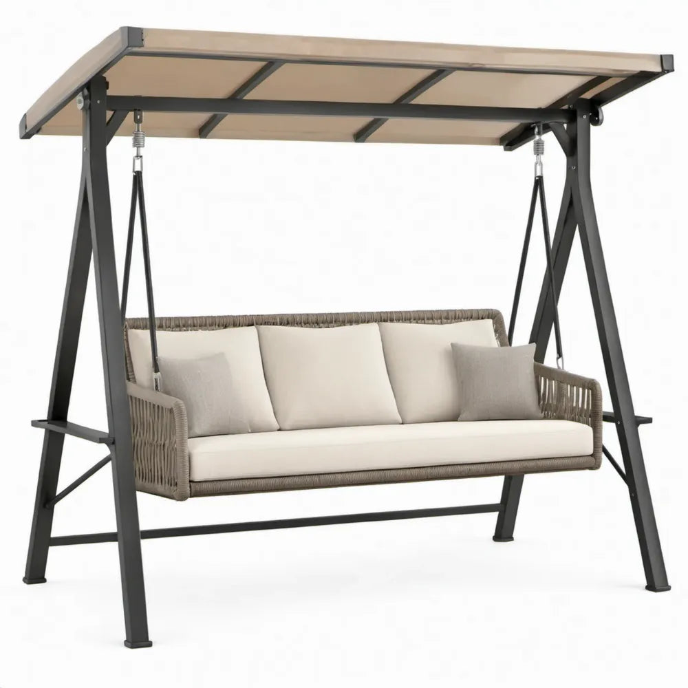 3-zits tuinbankschommel met afdak 220 x 130 x 200 cm Zwart/Taupe/Beige