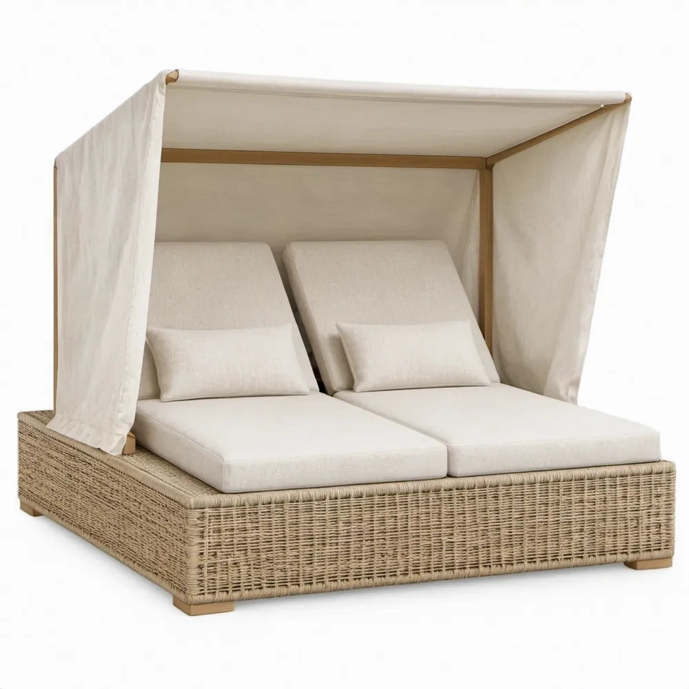 Tweepersoons ligbed met luifel, verstelbare rugleuningen, 200 x 140 x 200 cm, naturel/beige, PE-rattan en eucalyptushout