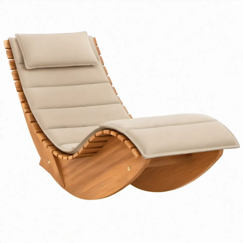Schommelende ligstoel van acaciahout met beige kussen, 160 x 65 x 83 cm