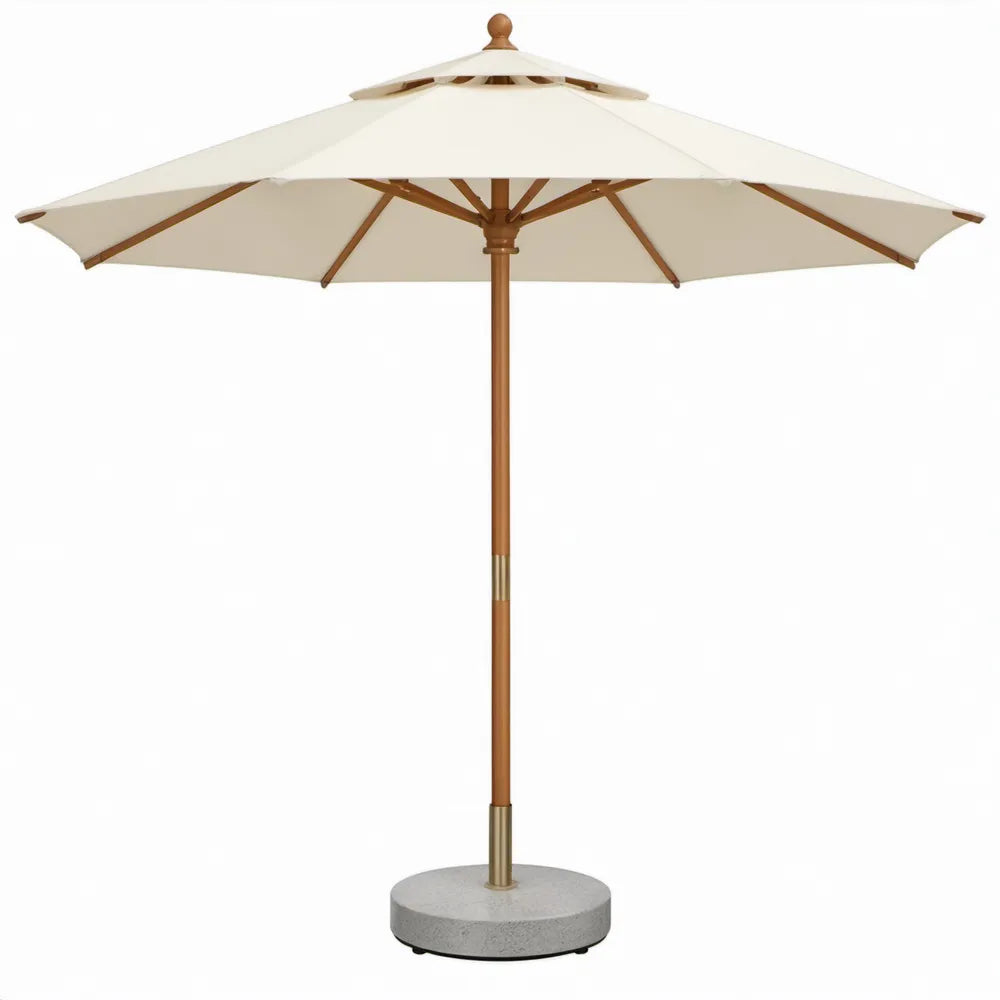 Achthoekige parasol van hardhout met crèmekleurig polyester doek en betonnen voet, Ø 300 cm