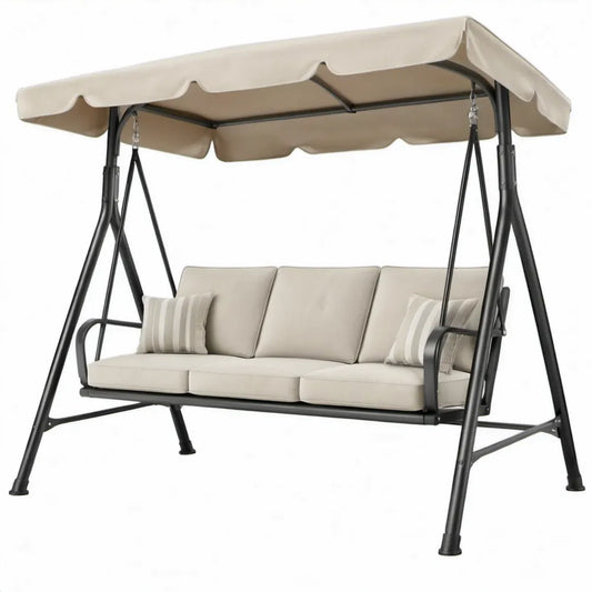 Beige en zwarte 3-zits tuinschommel met zonnescherm, 200 x 120 x 170 cm