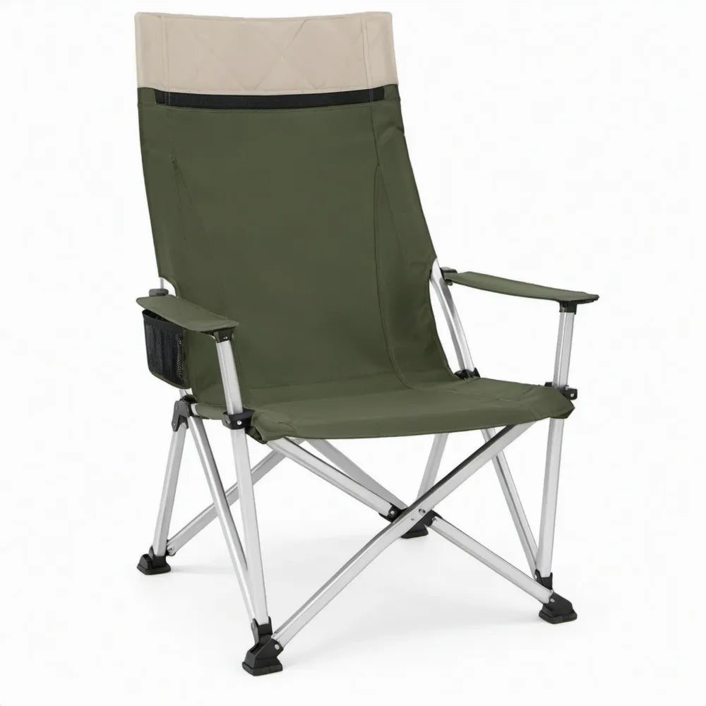 Inklapbare campingstoel met armleuningen en hoge rugleuning, 60 x 60 x 100 cm, groen/beige