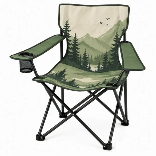 Inklapbare campingstoel met armleuningen en bekerhouder, 80 x 50 x 85 cm, groen/crème/zwart