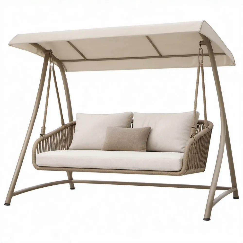 Beige 3-zits schommel met dak en kussens, 200 x 120 x 175 cm