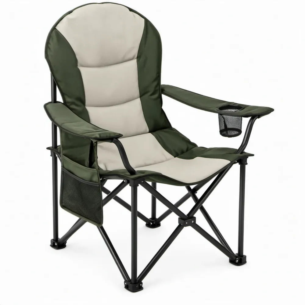 Inklapbare campingstoel met armleuningen, bekerhouder en zijvak – Groen/Beige/Zwart – 90 x 60 x 100 cm