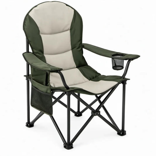 Inklapbare campingstoel met armleuningen, bekerhouder en zijvak – Groen/Beige/Zwart – 90 x 60 x 100 cm