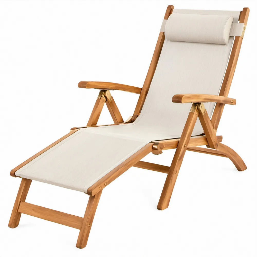 Verstelbare opvouwbare ligstoel met armleuningen en hoofdkussen, 160 x 65 x 90 cm, beige en naturel bruin