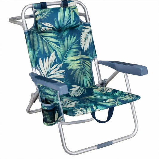 Opvouwbare strandstoel met verstelbare rugleuning en hoofdkussen, 58 x 68 x 80 cm, donkerblauw/groen/wit/zilvergrijs