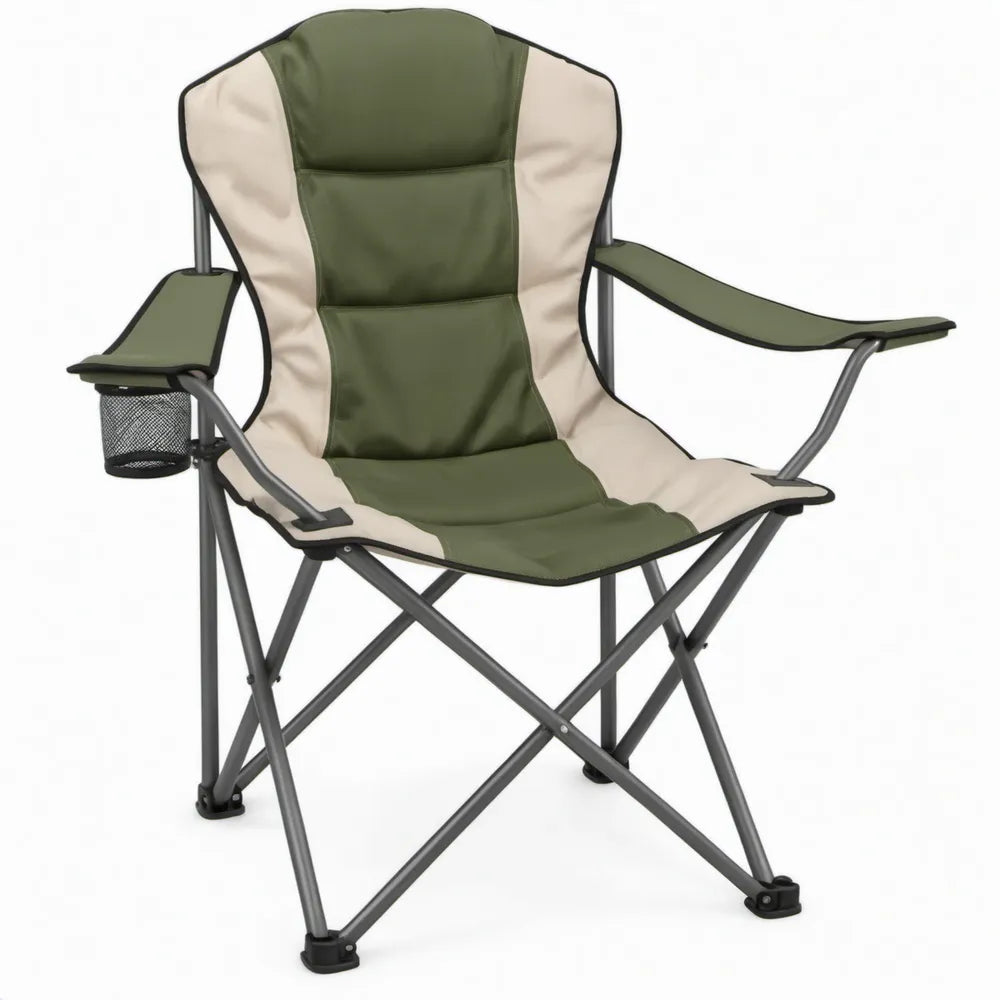 Opvouwbare campingstoel met armleuningen en bekerhouder, 60 x 60 x 95 cm, groen/beige