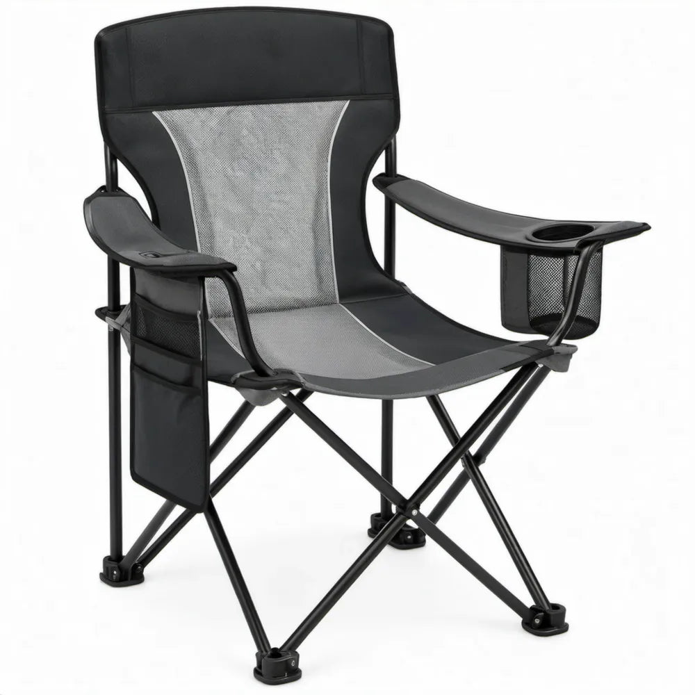 Inklapbare campingstoel 60 x 50 x 92 cm met bekerhouder en opbergvakken, zwart/grijs