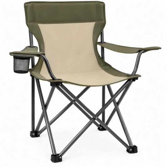 Inklapbare campingstoel met armleuningen en bekerhouder, olijfgroen/beige/zwart, 60 x 55 x 95 cm