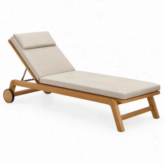 Verstelbaar ligbed met wielen, massief acaciahout en beige kussen, 200 x 70 x 35 cm