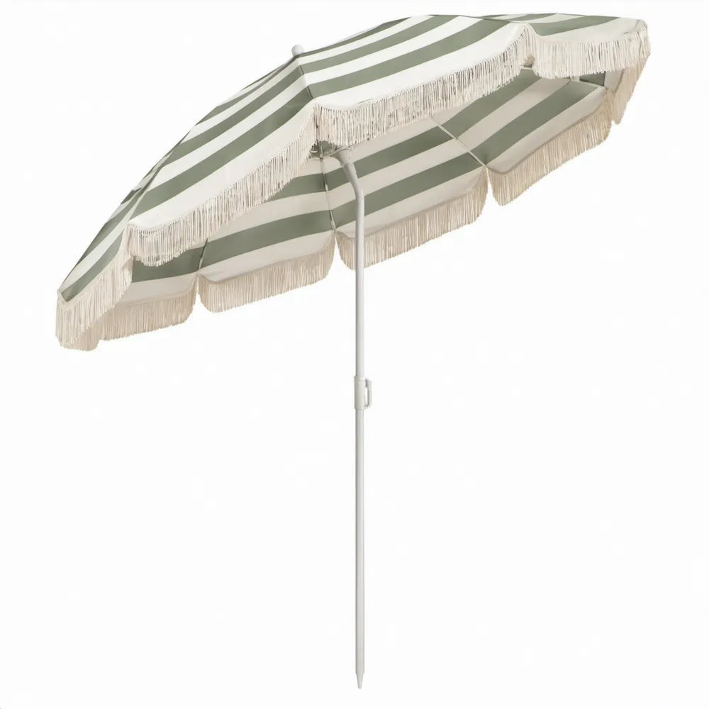 Ronde parasol Ø 200 cm groen-wit gestreept met franjes