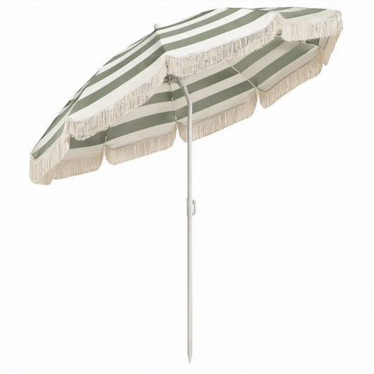 Ronde parasol Ø 200 cm groen-wit gestreept met franjes