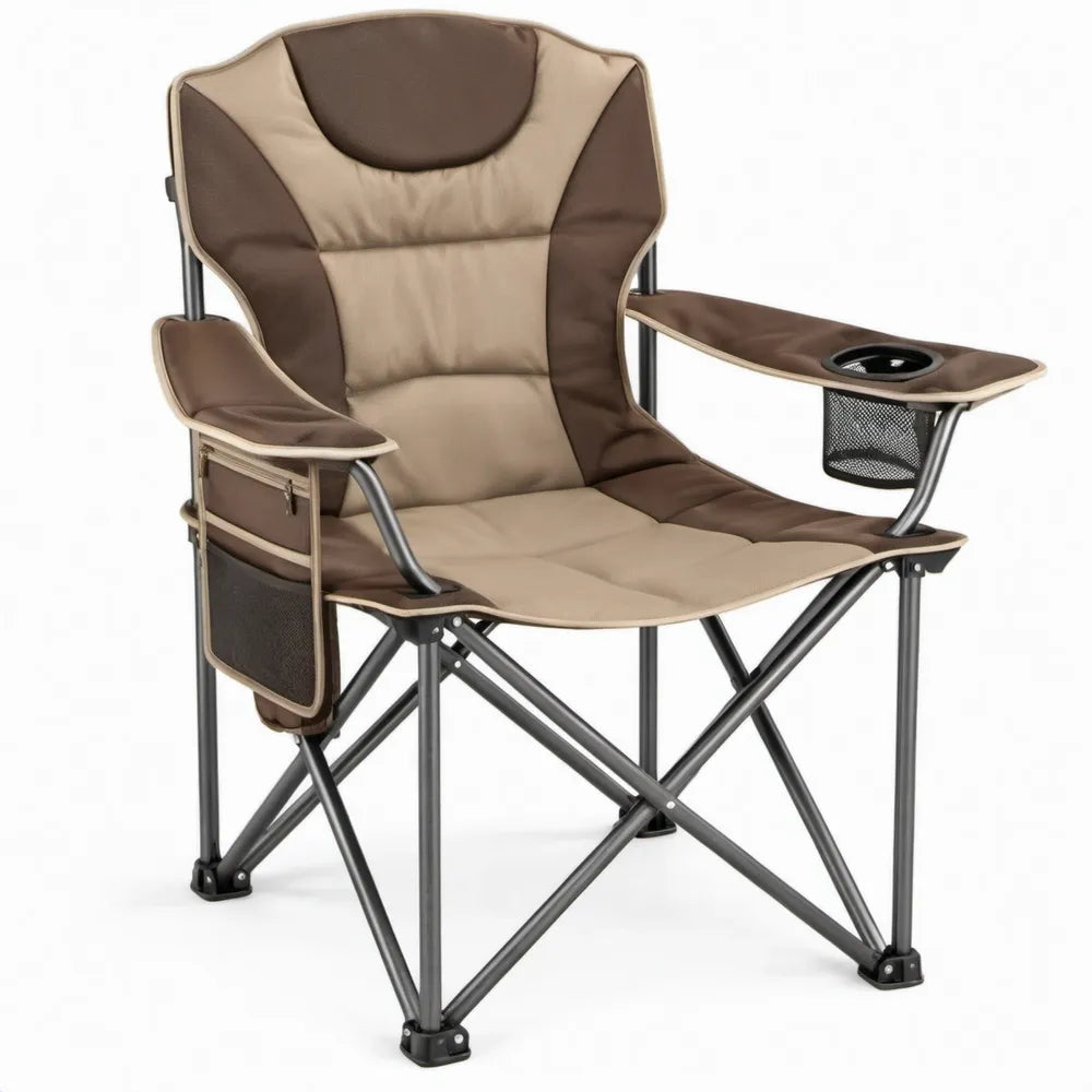 Inklapbare campingstoel 96 x 60 x 110 cm met bekerhouder, zijvak en opbergmand - Bruin/Beige/Donkergrijs