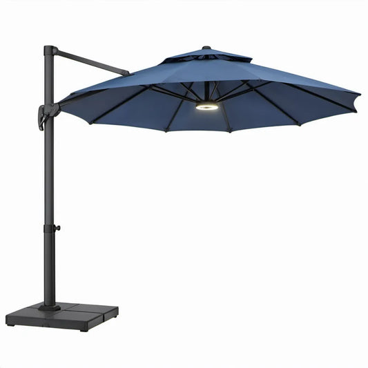 Zweefparasol met geïntegreerde LED-verlichting, ronde kap Ø 300 cm, donkerblauw/zwart