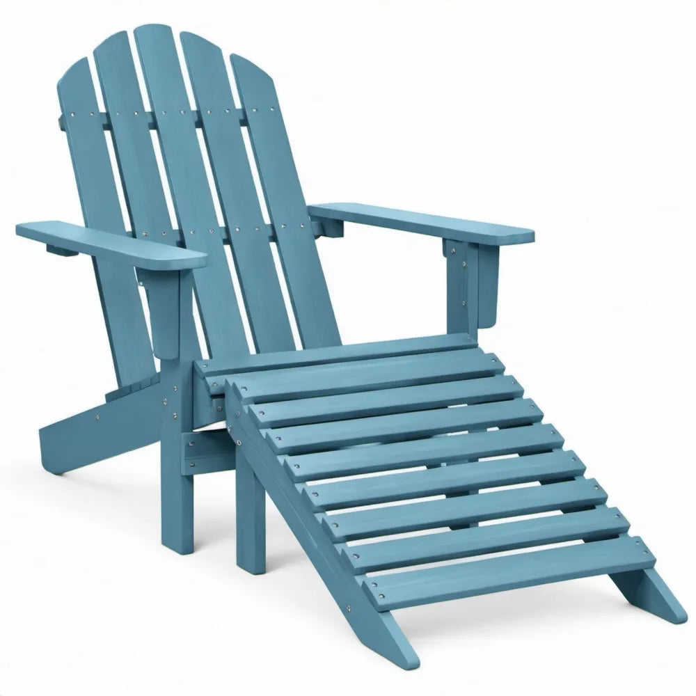 Blauwe Adirondackstoel van massief grenenhout met uitschuifbare voetensteun, 150 x 75 x 93 cm