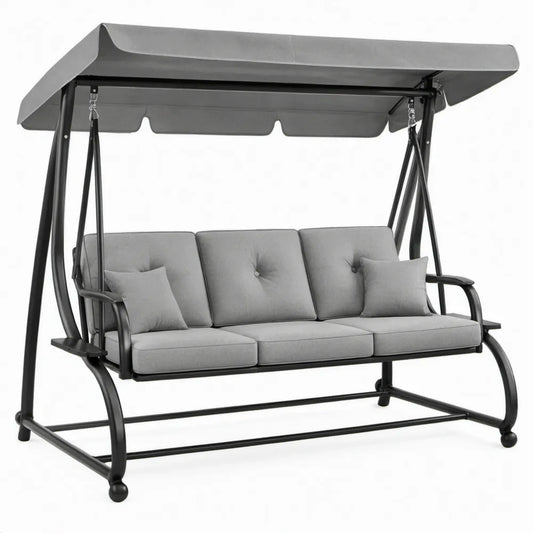 3-zits schommelbank met dak, grijs/zwart, staal en polyester, 200 x 120 x 170 cm