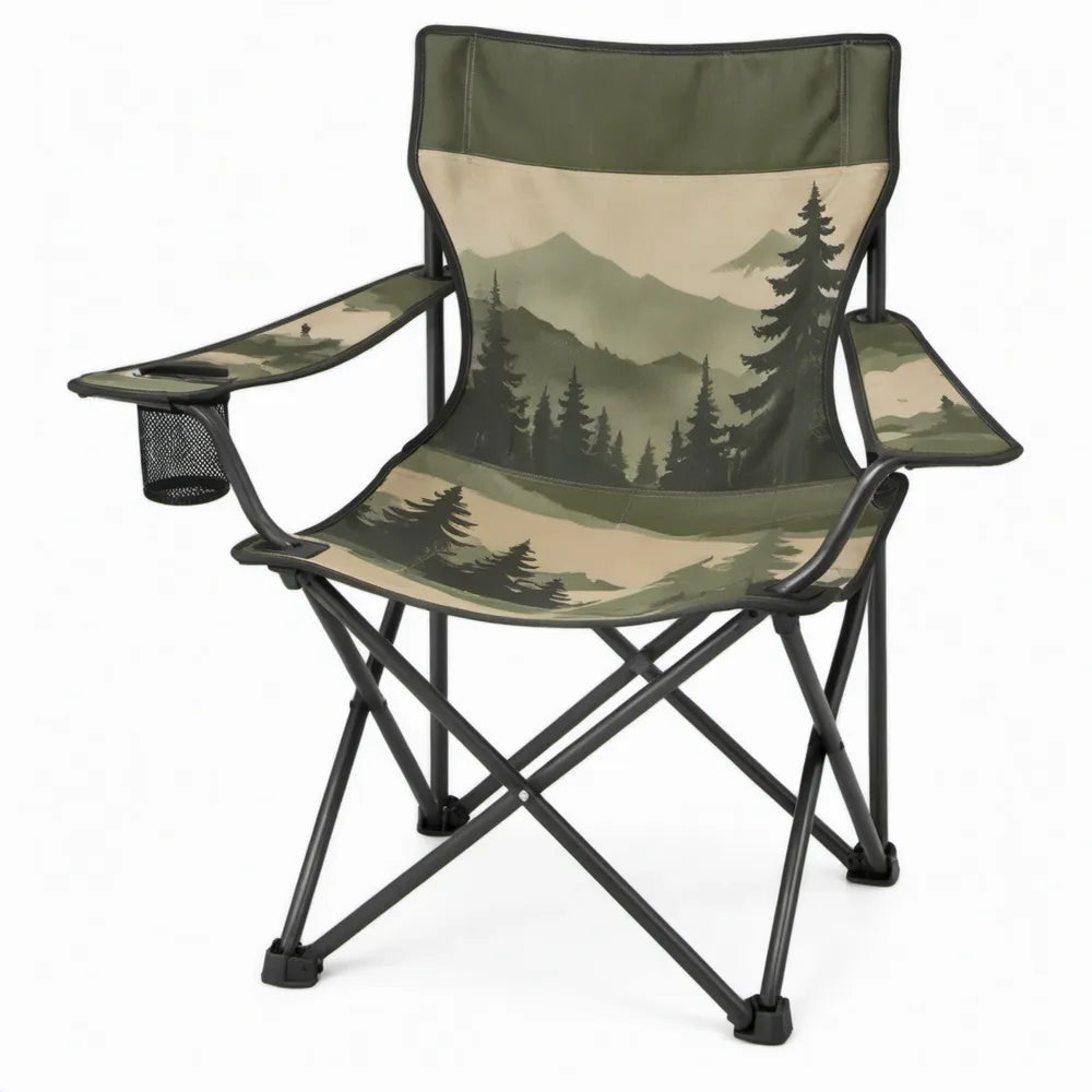 Opvouwbare campingstoel met armleuningen en bekerhouder, 58 x 48 x 80 cm, groen/beige/zwart