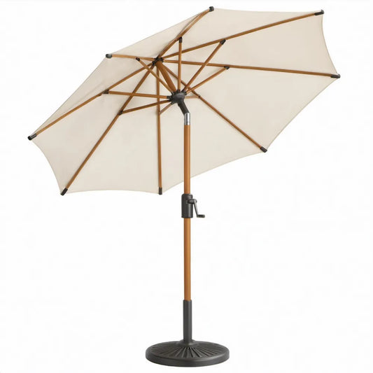 Achthoekige tuinparasol met voet, 300 cm, crème polyester en eucalyptushout