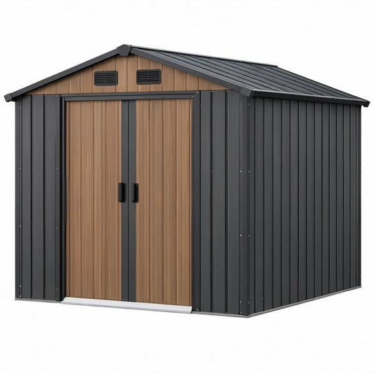 Metalen tuinschuur met dubbele deur 213 x 127 x 185 cm – Antraciet/Bruin houtlook