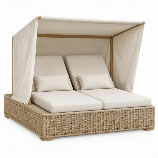 Tweepersoons ligbed met luifel, verstelbare rugleuningen, 200 x 140 x 200 cm, naturel/beige, PE-rattan en eucalyptushout