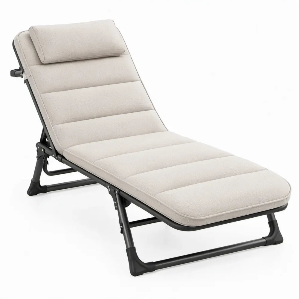 Inklapbaar verstelbaar ligbed met hoofdsteun, 190 x 60 x 30 cm, beige en zwart